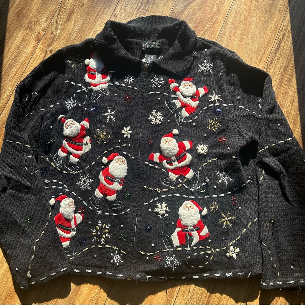 Vtg. Designer Studio Originals Black Zip Sweater Christmas Santas Women P/M